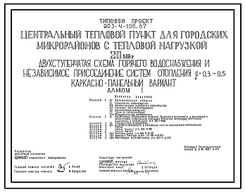 Типовой проект 903-4-106.87 Центральный тепловой пункт для городских микрорайонов с тепловой нагрузкой 20 МВт. Двухступенчатая схема горячего водоснабжения и зависимое присоединение систем отопления ?=0,3+0,5 (кирпичный вариант)