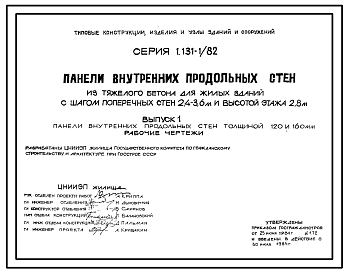 Состав Серия 1.131-1/82 Панели внутренних продольных стен из тяжелого бетона для жилых зданий с шагом поперечных стен 2,4-3,6 м и высотой этажа 2,8 м. Рабочие чертежи.