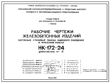 Шифр НК-172-24 Железобетонные изделия. Наружные стеновые панели машинного помещения и фризовые панели (1969 г.)