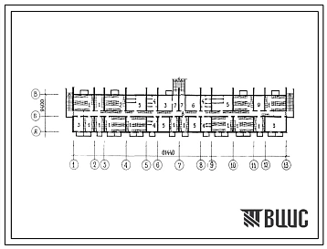 Типовой проект П-3-655(114-77-70сп.84) Помещения общественного назначения в подвале 4-этажного 4-секционного дома на 32 квартиры типа 2Б и 3А,  (убежище на 655 человек, размеры убежища 61,44м на 9,4м, режимы вентиляции 1,2).
