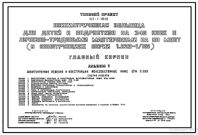 Типовой проект 252-1-136.86 Главный корпус психиатрической  больницы для детей и подростков на 240 коек. Здание двух-, трёхэтажное. Стены из легкобетонных панелей по серии 1.030.1-1.