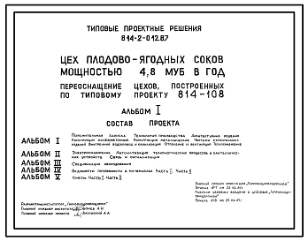 Типовой проект 814-2-012.87 Цех плодово-ягодных соков мощностью 4,8 муб. в год (переоснащение цехов, построенных по ТП 814-108)