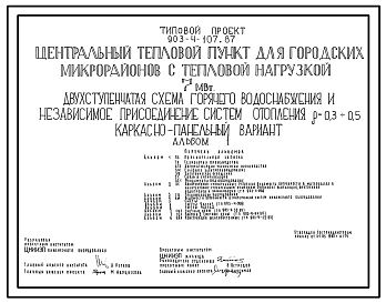 Типовой проект 903-4-107.87 Центральный тепловой пункт для городских микрорайонов с тепловой нагрузкой 7 МВт. Двухступенчатая схема горячего водоснабжения и зависимое присоединение систем отопления ?=0,3+0,5 (каркасно-панельный вариант)