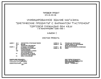 Типовой проект 272-13-125.86 Унифицированное здание  магазина «Диетические продукты» с вариантом «Гастрономом» торговой площадью 664 м2. Здание одноэтажное. Каркас по серии 1.020-1/83.Стены из легкобетонных панелей по серии 1.030.1-1.