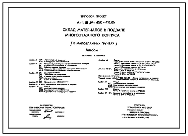 Типовой проект A-II,III,IV-450-418.88 Склад материалов в подвале многоэтажного корпуса в маловлажных грунтах (убежище на 450 человек, размеры убежища 18м на 18м, режимы вентиляции убежища 1,2)