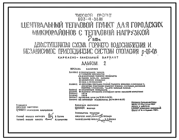 Типовой проект 903-4-38.86 Центральный тепловой пункт для городских микрорайонов  тепловой нагрузкой 7 МВт. Двухступенчатая схема горячего водоснабжения и независимое присоединение системы отопления. Каркасно-панельный вариант