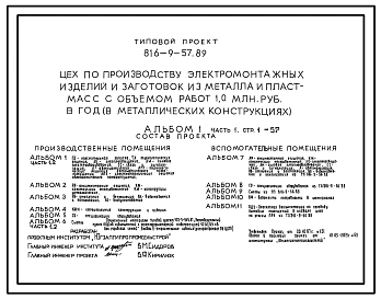 Типовой проект 816-9-57.89 Цех по производству электромонтажных изделий и заготовок из металла и пластмасс с объемом работ 1 млн. руб. в год (в металлических конструкциях)