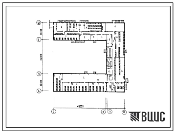 Типовой проект П-3-1090(252-1-138с.13.86) Хозяйственно-бытовые помещения подвала детской городской больницы на 520 коек с боксированными отделениями и поликлиникой, (убежище на 1090 человек, размеры убежища 49,02м на 48м, режимы вентиляции 1,2,3).