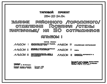 Типовой проект 264-22-24.84 Здание районного (городского) отделения госбанка на 50 сотрудников (стены кирпичные). Для строительства в 1В климатическом подрайоне, 2 и 3 климатических районах.