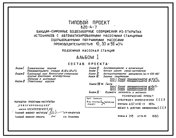 Состав Типовой проект 820-4-7 Вакуум-сифонные водозаборные сооружения из открытых источников с автоматизированными насосными станциями, оборудованными погружными насосами производительностью 10, 30 и 50 м.куб/ч. Подземная насосная станция