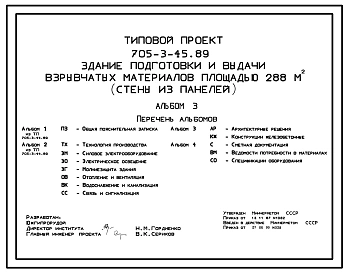 Типовой проект 705-3-45.89 ЗДАНИЕ ПОДГОТОВКИ И ВЫДАЧИ ВЗРЫВЧАТЫХ МАТЕРИАЛОВ ПЛОЩАДЬЮ 288 М2 (СТЕНЫ ИЗ ПАНЕЛЕЙ).