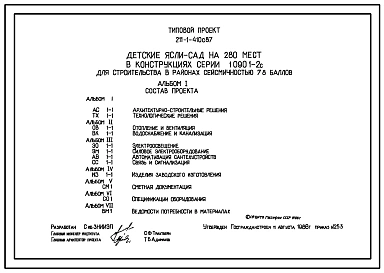 Типовой проект 211-1-410с.87 Детские ясли – сад на 280 мест. Сейсмичность 7,8 баллов. Здание трехэтажное. Стены из однослойных керамзитобетонных панелей по серии 1.090.1-2с.