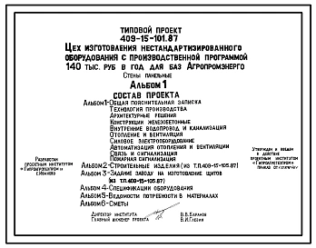 Типовой проект 409-15-101.87 Цех изготовления нестандартизированного оборудования с производственной программой 140 тыс. руб. в год для баз «Агропромэнерго». Предназначен для изготовления нестандартизированного оборудования, трубопроводных заготовок, прои