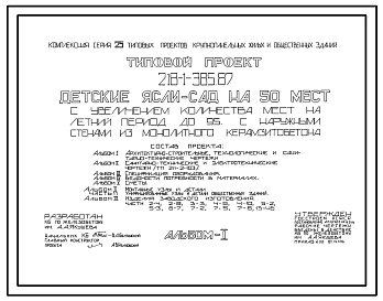 Типовой проект 218-1-385.87 Детские ясли-сад на 50 мест с увеличением количества мест на летний период до 95. Здание одноэтажное. Стены из монолитного керамзитобетона.