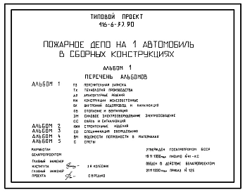 Типовой проект 416-6-37.90 Пожарное депо на 1 автомобиль в сборных конструкциях. Размеры здания - 18x18 м. Расчетная температура: -20, -26°С. Стены - панельные легкобетонные. Покрытие - железобетонные плиты по железобетонным балкам