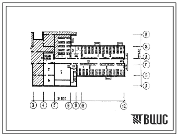 Типовой проект П-4-403(234-1-127.84) Хозяйственно-бытовые помещения в подвале универсального учебного и общественно-бытового корпуса ПТУ на 720 учащихся, (убежище на 403 человек, размеры убежища 51м на 27,4м, режимы вентиляции 1,2).