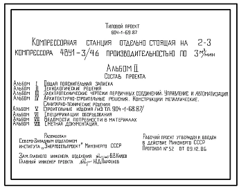 Типовой проект 904-1-69.87 Компрессорная станция отдельно стоящая на 2-3 компрессора 4ВУ1-3/46 производительностью по 3 куб.м/мин
