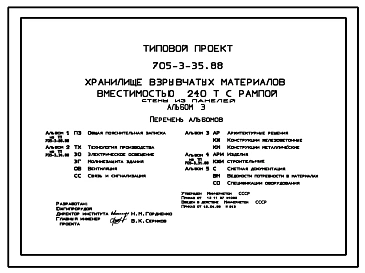 Типовой проект 705-3-35.88 Хранилище взрывчатых материалов вместимостью 240 т с рамой. Стены из панелей