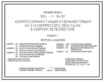 Типовой проект 904-1-94.92 Компрессорная станция отдельностоящая на 2-3 компрессора,2ВУ1-1,5/46 в сборном железобетоне
