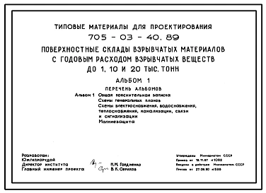 Типовой проект 705-03-40.89 Поверхностные склады взрывчатых материалов с годовым расходом взрывчатых веществ 1,10 и 20 тыс. т. Схемы генеральных планов, схема электроснабжения, водоснабжения, теплоснабжения, канализации, связи и сигнализации, молниезащиты