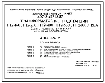 Типовой проект 407-3-478.13.87 Трансформаторные подстанции ТП-2х160, ТП-2х250, ТП-12х400, ТП-2х630, ТП-2х1000 кВА. Стены из монолитного бетона. Для Белорусской ССР