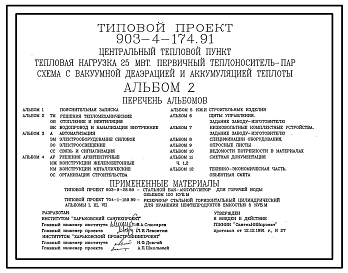 Типовой проект 903-4-174.91 Центральный тепловой пункт. Тепловая нагрузка 25 МВт. Первичный теплоноситель - пар. Схема с вакуумной деаэрацией и аккумуляцией теплоты