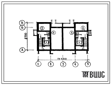 Типовой проект П-4-20-(141-88-31(1)) Помещения , приспосабливаемые од ПРУ в подвале жилого дома 2-этажного 2-квартирного с квартирами 4Б-4Б в двух уровнях, (убежище на 20 человек, размеры убежища 14,4м на 8,7м, режимы вентиляции 1,2).