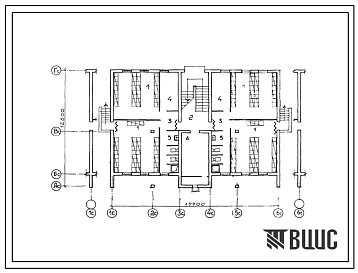 Типовой проект П-2-170(42-0179с.13.87) Подсобные помещения подвала 2-этажной 4-квартирной рядовой блок-секции Р-2.3, (убежище на 170 человек, размеры убежища 17,7м на 12,6м, режимы вентиляции 1,2,3).