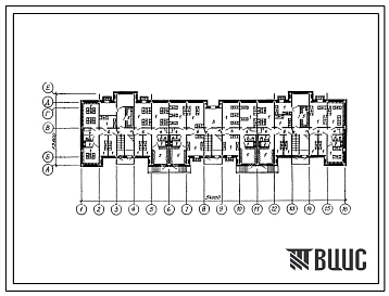 Типовой проект П-5-300(111-210-57.13.90) Хозяйственные помещения в подвале четырехэтажного секционного 32-квартирного жилого дома с квартирами 1-2-3-4, (убежище на 300 человек, размеры убежища 54м на 13,8м, режимы вентиляции 1,2).