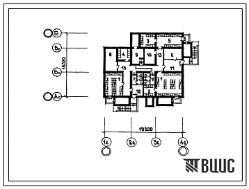 Типовой проект П-2-153(155-028с.13.87) Помещения общественного назначения в подвале 4-этажной 12-квартирной угловой правой блок-секции с торцовыми окончаниями 3 3 2, (убежище на 153 человек, размеры убежища 19,2м на 16,32м, режимы вентиляции 1,2).