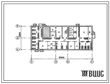 Типовой проект П-4-220(264-21-47сп.13.87) Хозяйственно-бытовые помещения в подвале административного здания тип 3, (убежище на 220 человек, размеры убежища 30м на 12,6м, режимы вентиляции 1,2).
