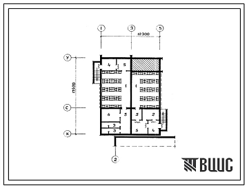 Типовой проект П-4-165(223-1-599с.13.88) Хозяйственно-бытовые помещения в подвале школы на 11 классов (132 учащихся), (убежище на 165 человек, размеры убежища 17,4м на 12,3м, режимы вентиляции 1,2).