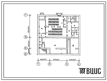 Типовой проект П-4-200(264-13-133с.86) Хозяйственно-бытовые помещения подвала кинотеатра на 200 мест, (убежище на 200 человек, размеры убежища 21,3м на 21м, режимы вентиляции 1,2).