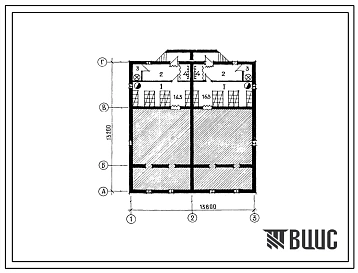 Типовой проект П-4-60(183-17-96с.13.87) Подсобные помещения подвального этажа одноэтажного двухквартирного блокированного жилого дома с двухкомнатными квартирами, (убежище на 60 человек, размеры убежища 13,8м на 13,2м, режимы вентиляции 1).