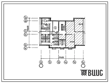 Типовой проект П-5-49(210-027.2) Бытовые помещения в подвале четырехэтыжной 12 квартирной рядовой блок-секции с квартирами 2б-2б-2б, (убежище на 49 человек, размеры убежища 17,4м на 12,6м, режимы вентиляции 1,2).