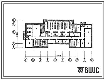 Типовой проект П-1-(П-3)-835(221-1-435.85) Хозяйственно-бытовые помещения подвала неполной средней школы на 9 классов (216 учащихся), (убежище на 835 человек, размеры убежища 56,7м на 21м, режимы вентиляции 1,2).