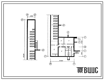 Типовой проект П-4-430(224-1-568с.13.87) Помещения тира в подвале общеобразовательной школы на 9 классов (3445 учащихся) со стенами из кирпича, (убежище на 430 человек, размеры убежища 63,2м на 17,58м, режимы вентиляции 1,2).