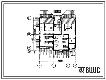 Типовой проект П-4-130(104-085.13.88) Помещения подвала двухэтажной 6 квартирной торцевой правой блок-секции 1-2-3, (убежище на 130 человек, размеры убежища 15м на 14,4м, режимы вентиляции 1,2,3).