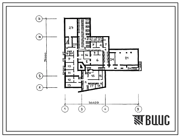 Типовой проект П-4-187(264-12-250.85) Хозяйственно-бытовые помещения в подвале сельского дома культуры с залом на 400 мест, (убежище на 187 человек, размеры убежища 36,42м на 36м, режимы вентиляции 1,2).