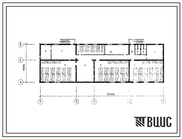 Типовой проект П-2-195(224-1-513с.13.86) Подсобные помещения подвала начальной школы на 4 класса (80 учащихся), (убежище на 195 человек, размеры убежища 37м на 11,1м, режимы вентиляции 1,2,3).