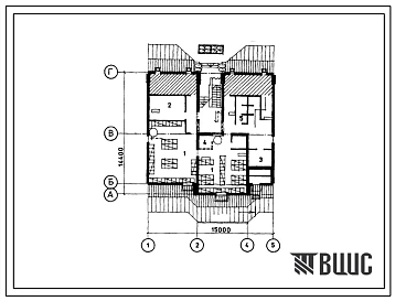 Типовой проект П-4-120(104-084.13.88) Помещения подвала двухэтажной 6 квартирной рядовой блок-секции 2-2-2, (убежище на 120 человек, размеры убежища 15м на 14,4м, режимы вентиляции 1,2,3).