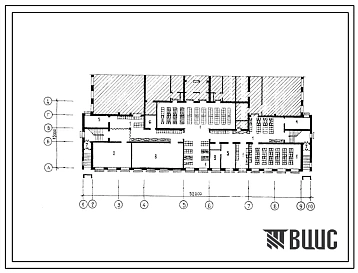 Типовой проект П-4-370(224-1-527м.87) Помещения 1 этажа школы на 9 классов, 350 учащихся (со стенами из кирпича), (убежище на 370 человек, размеры убежища 52м на 15м, режимы вентиляции 1,2).