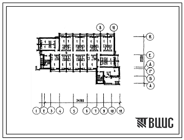 Типовой проект П-4-360(244-4-52) Помещения 1 этажа спального корпуса на 100 мест для баз отдыха (стены из кирпича), (убежище на 360 человек, размеры убежища 34,5м на 22,35м, режимы вентиляции 1).
