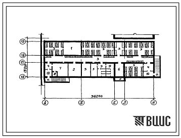Типовой проект П-2-300(254-1-149.1с.87) Вспомогательные помещения в подвале главного корпуса участковой больницы на 50 коек с поликлиникой на 100 посещений в смену, (убежище на 300 человек, размеры убежища 36,2м на 13,2м, режимы вентиляции 1,2).