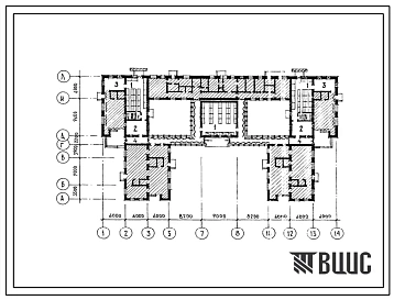 Типовой проект П-5-206(214-1-300с.84) Помещения 1 этажа детских яслей-сада на 90 мест с сезонным расширением до 180 мест, (убежище на 206 человек, размеры убежища 61,4м на 34,2м, режимы вентиляции 1).