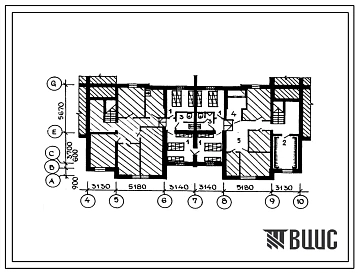 Типовой проект П-4-70(114-000-805.13.89) Хозяйственно-бытовые помещения в подвале секционного 10-квартирного жилого дома со стенами из кирпича, (убежище на 70 человек, размеры убежища 22,9м на 10,87м, режимы вентиляции 1,2).
