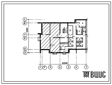 Типовой проект Б-2-49(210-026) Хозяйственно-бытовые помещения в подвале 4-этажной 8-квартирной торцевой блок-секции с квартирами 3б-чб(левой), (убежище на 49 человек, размеры убежища 16,8м на 12,6м, режимы вентиляции 1,2).